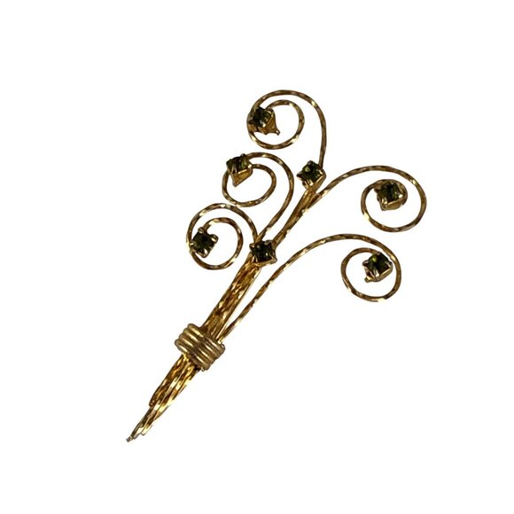 Vintage Gold Wire Swirl Brooch Green Rhinestones Floral Mid-Century Pin 2.5” - Picture 2 of 6